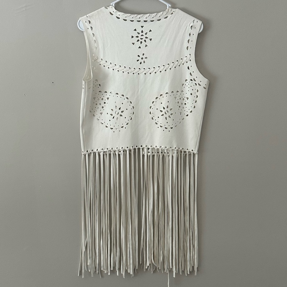 Alberto Makali White Suede Laser Cut Fringe Vest Top Boho Western Size M - Picture 4 of 7